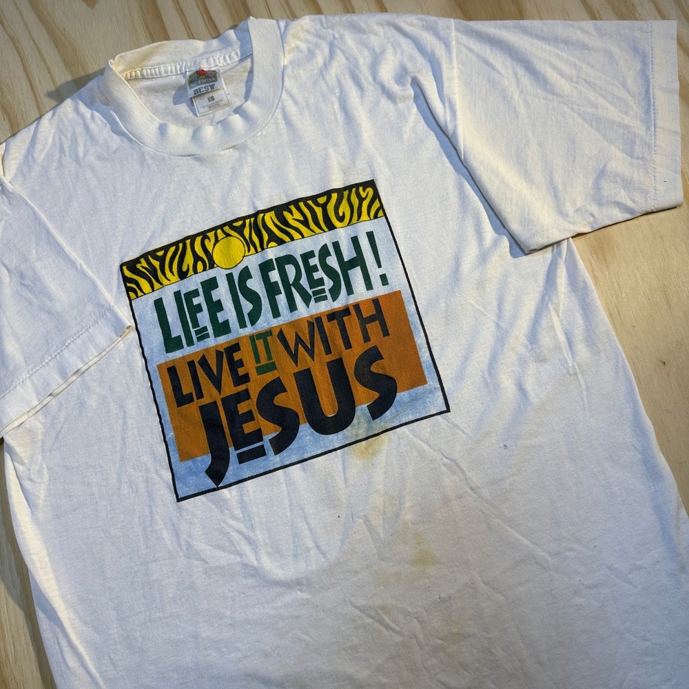 Fruit of the Loom Mens Large White Life Is Fresh Live It With Jesus Vintage Tee